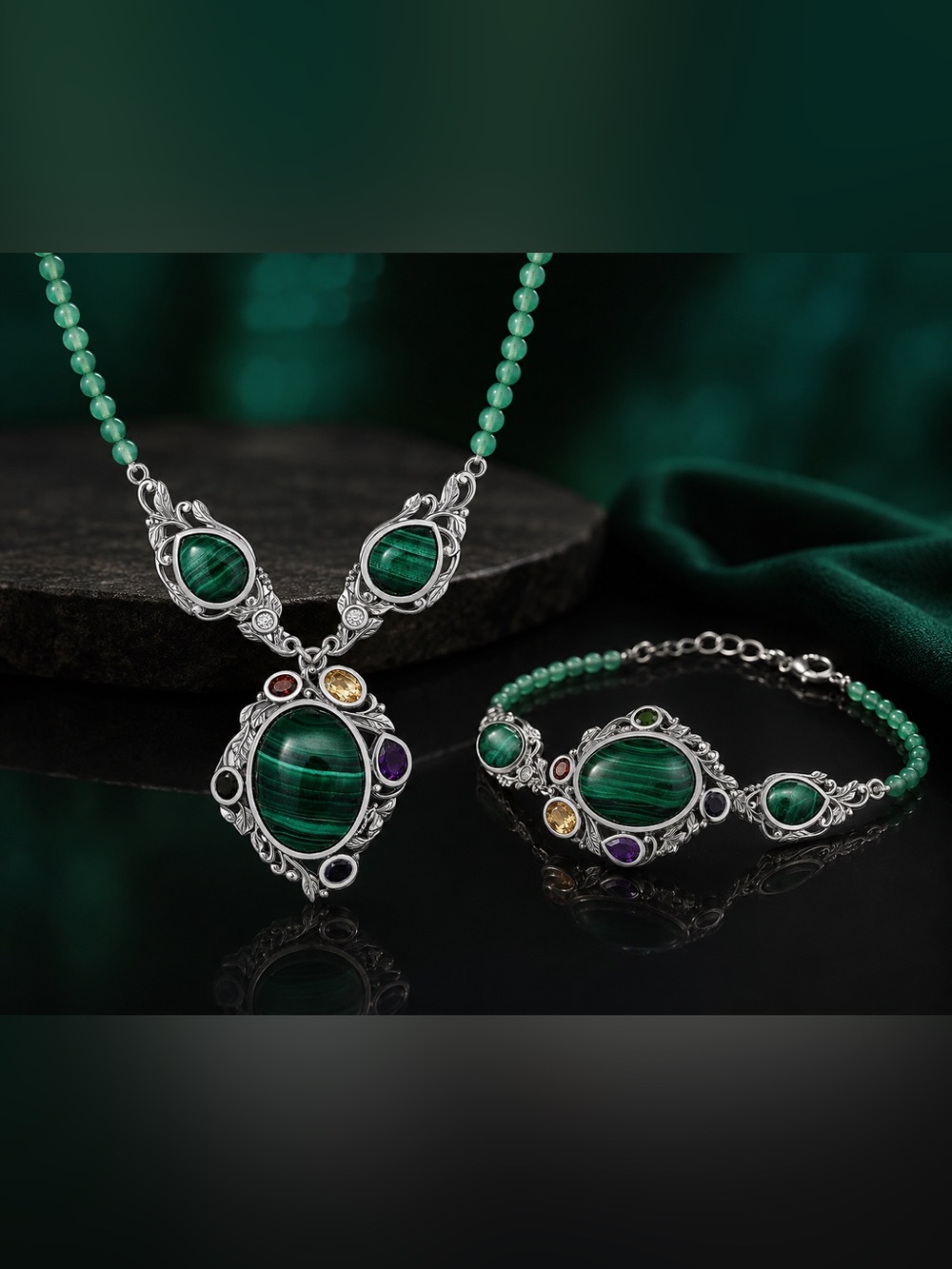 Malachite, amethyst, citrine, garnet, peridot, Moissanite, Verde Onyx Set